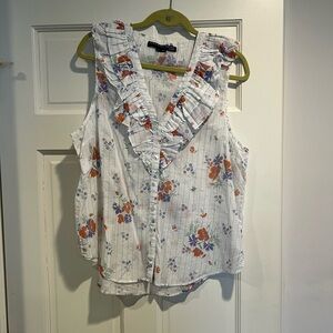 Veronica Beard White Floral Ruffle Blouse